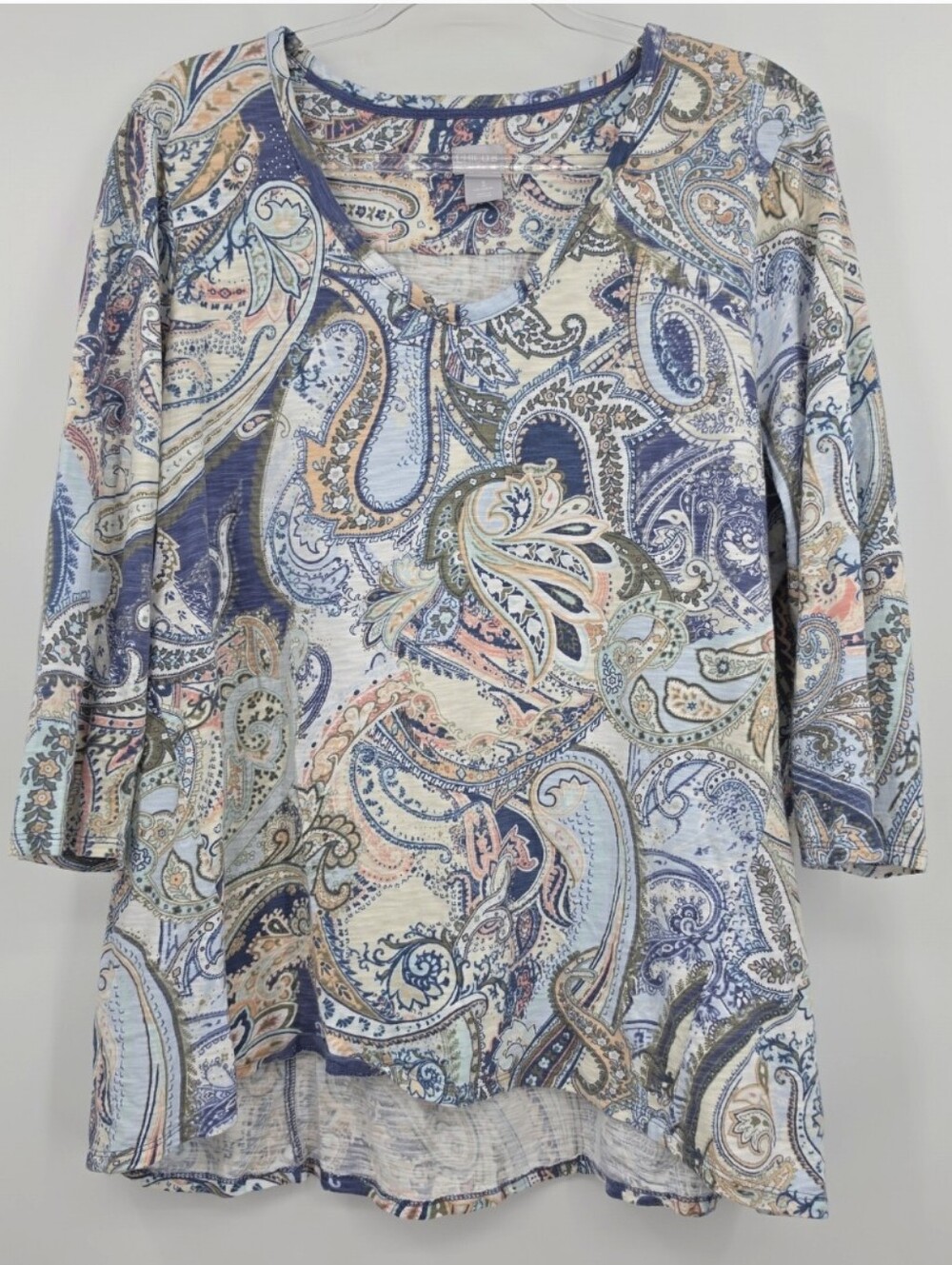 Chicos 3 Paisley Print Tunic Top 3/4 Sleeve XL Multicolor Pastels